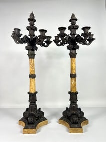 PAIR OF ENGLISH REGENCY MARBLE & BRONZE CANDELABRA