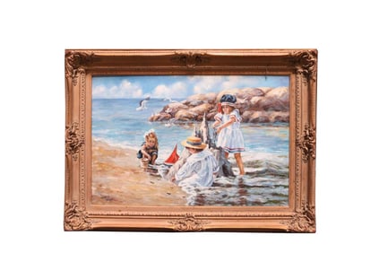 FRAMED OIL ON CANVAS PAINTING OF KIDS