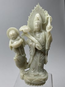 CHINESE JADE FIGURE OF GUANYIN & SUDHANA