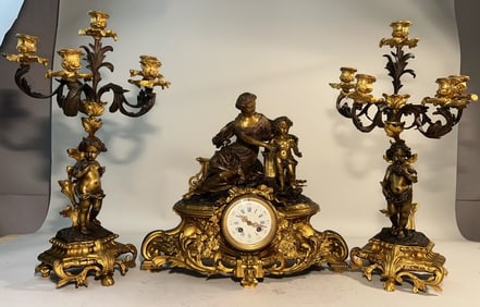 THREE-PIECE 19TH C. EUROPEAN GILT BRONZE CLOCKSET