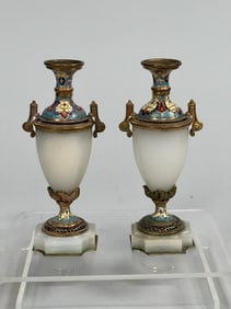 PAIR OF CLOISONNE AND MARBLE VASES