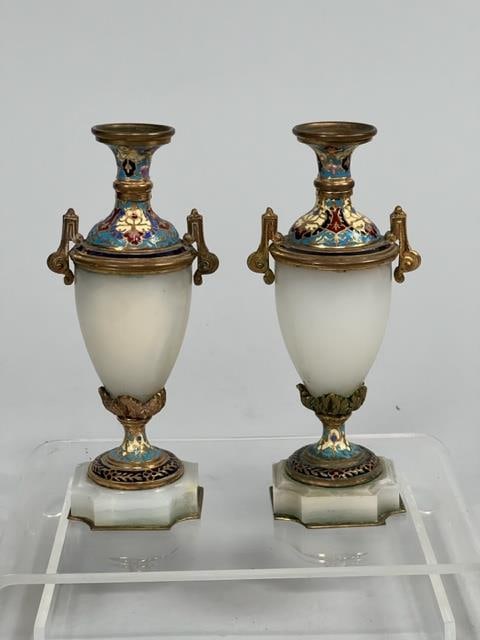 PAIR OF CLOISONNE AND MARBLE VASES (1 of 5)