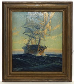ANTIQUE OIL ON CANVAS PAINTING OF A SHIP AT SEA