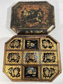 CHINESE BLACK AND GILT LACQUERED TEA CADDY