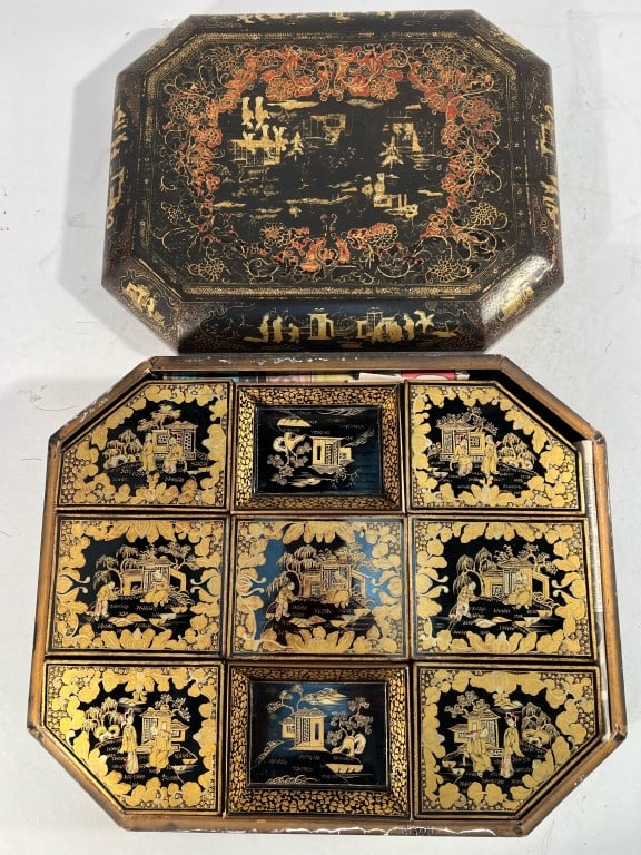 CHINESE BLACK AND GILT LACQUERED TEA CADDY (1 of 4)