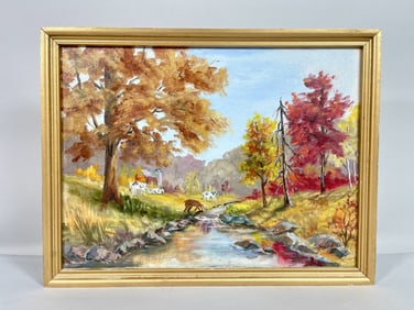 FRAMED OIL ON CANVAS PAINTING OF A RURAL SCENE