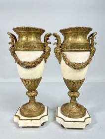 PAIR OF GILT BRONZE MOUNTED WHITE MARBLE VASES