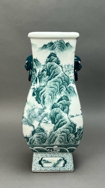 A BEAUTIFUL VASE, WITH UNDERGLAZE GREEN PAINTING: The painting on this vase is a master piece of art and depicts view of mountains, waterfalls, a large lake, sail boats, water birds and flying birds in-formation, a bamboo hut, banana tree, broad-leaf