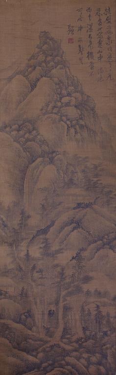 CHINESE SCROLL PAINTING ON SILK OF LANDSCAPE: Signature to read Gong Xian. L: 84 in. W: 22 1/2 in.