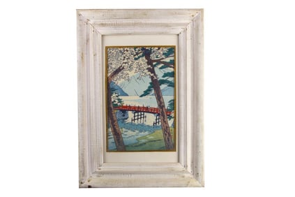 FRAMED WOODBLOCK PRINT OF A PARK SCENE