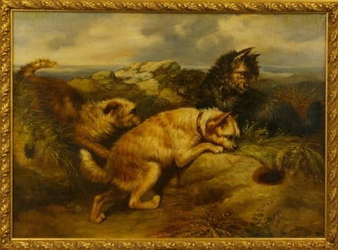 FRAMED OIL PAINTING OF THREE DOGS