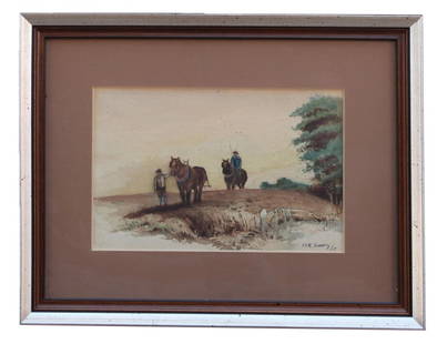 SALLERY F. B., BRITISH (19TH CENTURY): Magnificent watercolor drawing, Depicts two gentlemen with horses coming walking down the path. Signature on bottom right to read F.B. Sallery 17.H: 5 1/2 in. L: 8 1/2 in.
