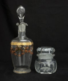 GLASS PAINTED DECANTER & GLASS LIDDED JAR