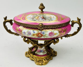 FRENCH SEVRES GILT BRONZE MOUNTED PINK CENTERPIECE