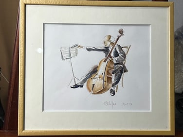 FRAMED DRAWING OF A CELLO PLAYER