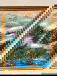 DAVID MA, CHINESE-AMERICAN (1956 - ): Titled "Morning Light over a Thousand Peaks." As the first light of dawn breaks through the clouds, a golden glow spills across the rugged mountains and rushing rivers below. The peaks, veiled in