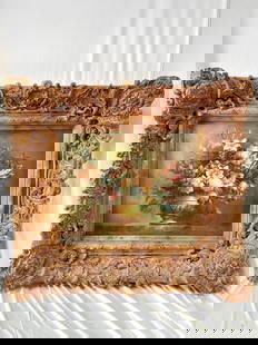 LARGE FRAMED STILL LIFE OIL ON CANVAS PAINTING: Framed with a beautiful carved giltwood frame, depicts blossoming potted flowers. Signed on the bottom right to read "J. Hopuy." With Frame: L: 38 in. H: 34 in.