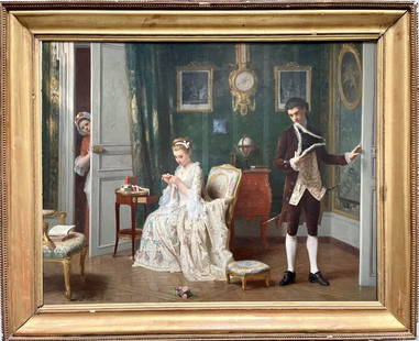 JOSEPH CARAUD, FRENCH (1821 - 1905): An exquisite framed oil on canvas painting that captures an intimate 19th century aristocratic interior scene. Signed on bottom left corner to read "J. Caraud 1881." The painting features a young