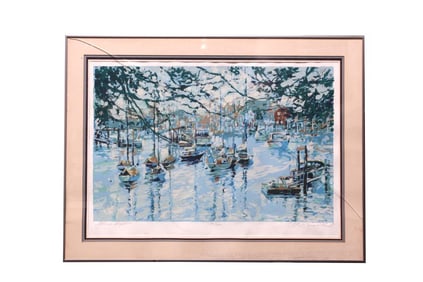 FRAMED ACRYLIC PRINT OF A HARBOR SCENE