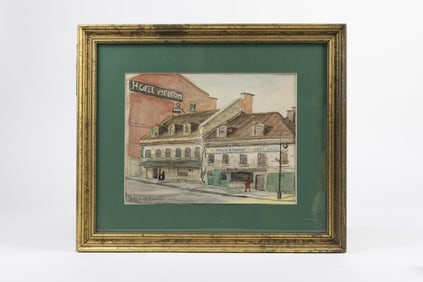 FRAMED WATERCOLOR PAINTING OF A CITY STREET SCENE