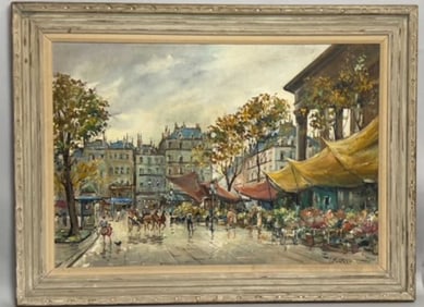 FRAMED PAINTING OF AN EUROPEAN STREET SCENE