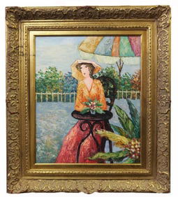 OIL ON CANVAS OF A WOMAN SEATED IN GARDEN