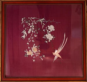 FRAMED EMBROIDERY ON SILK OF BIRD AND FLOWERS