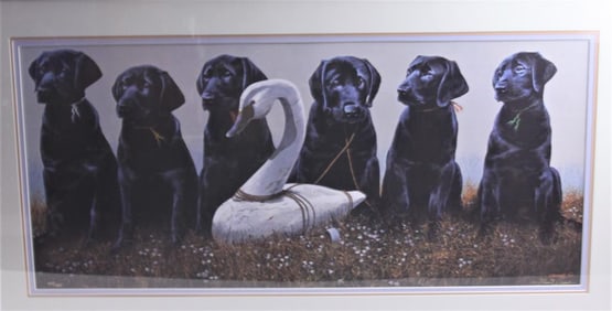 LITHOGRAPH WITH DOGS AND A DUCK BY CROWE