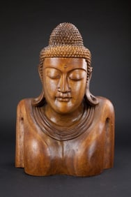 ANTIQUE CHINESE CARVED WOOD BUDDHA BUST