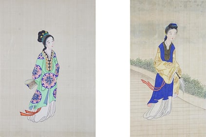 ANTIQUE TWO CHINESE PAINTINGS OF BEAUTIES ON SILK
