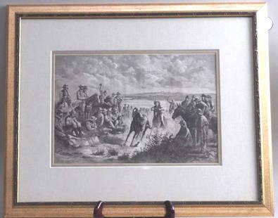 FREDERIC REMIMGTON, AMERICAN (1891 - 1909): Framed. A print of Western theme that depicts a hunting competition with horse-riding. Signed on bottom left. Frederic Remington (1891 - 1909) was an American artist who's known for Western painting a