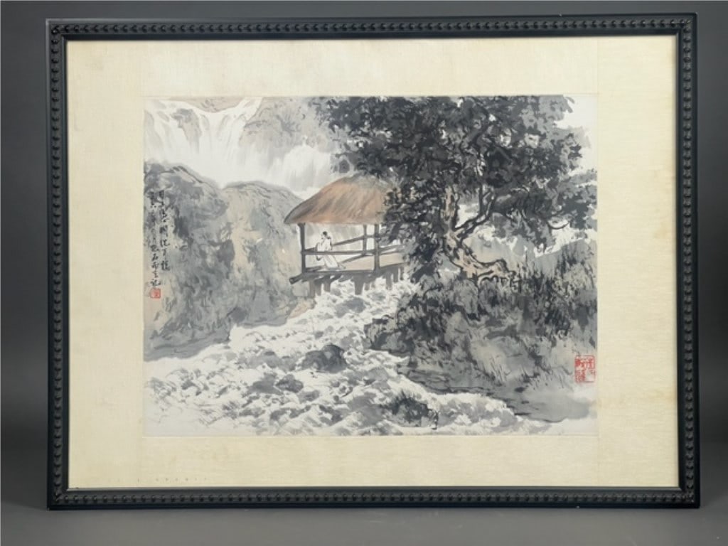 FRAMED CHINESE LANDSCAPE PAINTING BY FU BAOSHI: Framed, a Chinese painting that depicts a scholar admiring the scenery. Inscription on the left, and signature to read Fu Baoshi.