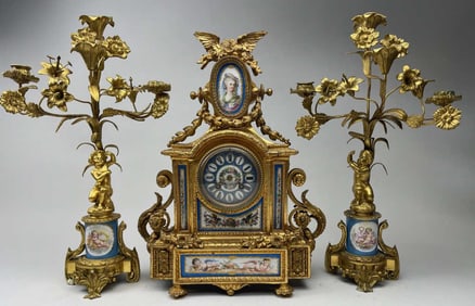 19TH C. FRENCH SEVRES THREE-PIECE CLOCK SET