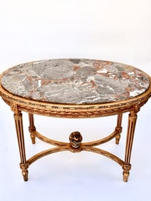 EUROPEAN OVAL GILTWOOD LOW TABLE WITH MARBLE TOP