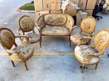19TH C FRENCH FIVE-PIECE SUITE, AUBUSSON TAPESTRY