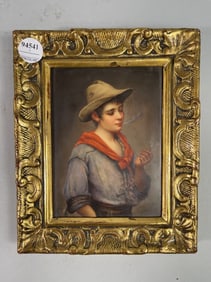 A GERMAN PORCELAIN PLAQUE, OF A SMOKING YOUNG BOY