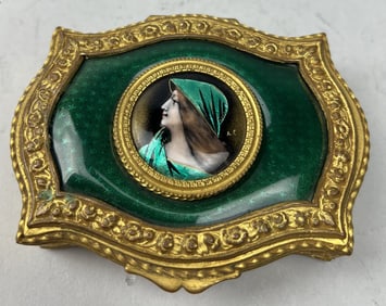 FRENCH GILT BRONZE & GREEN ENAMEL JEWELRY BOX