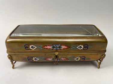 EUROPEAN GILT BRONZE JEWELRY BOX WITH GLASS COVER