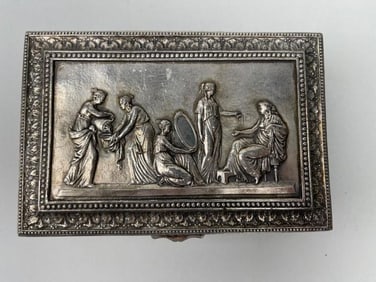 SILVER-PLATED CIGARETTE BOX WITH A FIGURAL SCENE