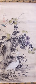 CHINESE SCROLL PAINTING OF CRANES AND FLOWERS