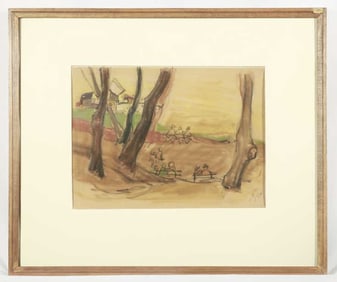 FRAMED WATERCOLOR DRAWING OF A PARK SCENE