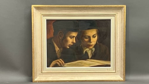 PAINTING ON CANVAS, OF TWO SCHOLARS READING A BOOK