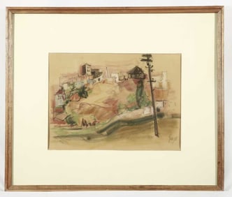 FRAMED WATERCOLOR DRAWING OF A TOWN