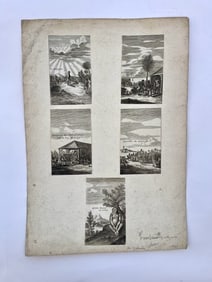 VINTAGE FRENCH ENGRAVING PAGE WITH FIVE SCENES