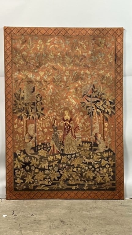 MAJESTIC NEEDLEPOINT WORK: Depicts a scene of an empress with her servant in a blooming garden. H: 46 in. L: 32 in.