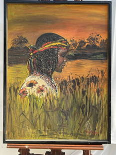 FRAMED OIL PAINTING OF A YOUNG AFRICAN WOMAN: Depicted walking through tall grass. Signature on the bottom right corner to read Roberta Forest. Oil on canvas. H: 40 in. L: 30 in.