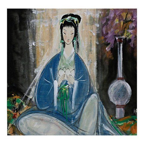 CHINESE PAINTING OF A WOMAN: Signature to read Lin Feng Mian. H: 17 in.(43cm) x W: 17 1/2 in.(44.5cm) Lin Fengmian (1900-1991), born in Mei County, Guangdong Province, originally Lin Fengming. He was a famous Chinese painter and 
