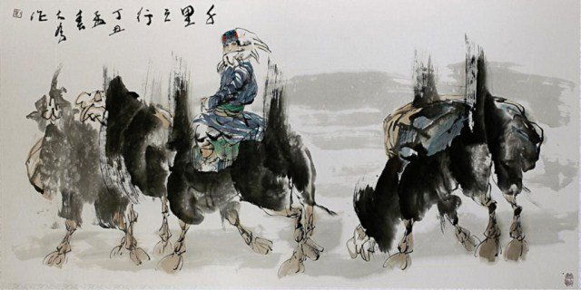 FRAMED CHINESE PAINTING OF CAMELS, DATED 1997: Signature to read Liu DaWei (1945~) was native of Zhucheng, Shandong Province and graduated from the Chinese Painting Department of the Central Academy of Fine Arts. He is especially proficient with f