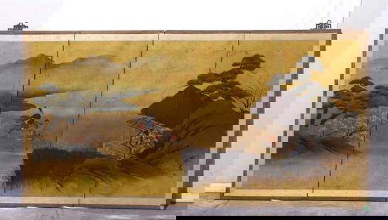 FOUR PANEL JAPANESE FLOOR SCREEN: Painted with two gentlemen riding on horses and a beauty looking afar under a pavilion.