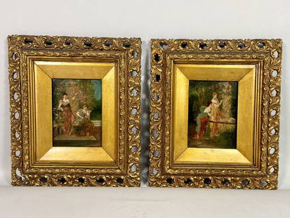 PAIR OF OIL ON BOARD PAINTINGS OF NOBLE SCENES: Each panel finely painted with elegant, noble women in classical dress amidst lush garden settings. The figures are depicted with delicate brushwork and rich coloration, posed beside fountains and